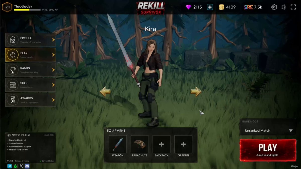 A screenshot of a video game screen displaying gameplay information with an illustration of a woman holding a sword surrounded by trees at the center, against a dark background. The screen also shows that there are several achievements, such as "Re Kill", "Lara," and "Match."