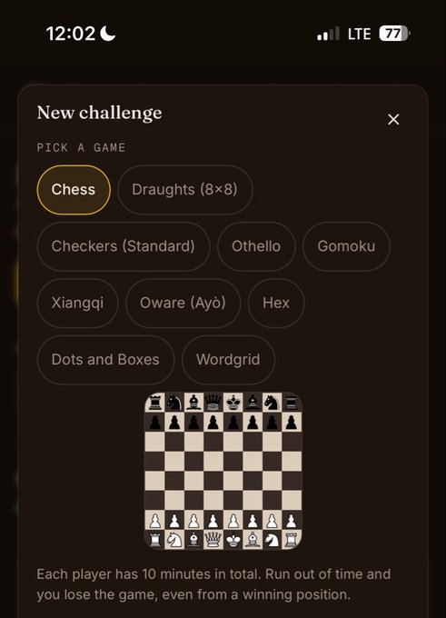 A screenshot from Dream Games showing the "New challenge" game selection screen with Chess currently highlighted among options like Draughts, Checkers, Othello, Gomoku, Xiangqi, Oware, Hex, Dots and Boxes, and Wordgrid, alongside a chess board and a note that "Each player has 10 minutes in total. Run out of time and you lose the game, even from a winning position."