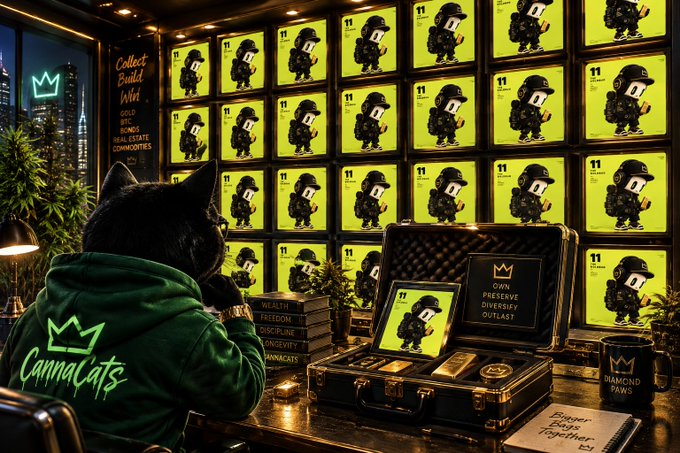 An anthropomorphic black cat wearing a green 'GammaCats' hoodie looking at a briefcase of diamonds in front of a wall displaying 11-rated collectible NFT cards.