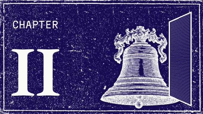 A vintage-style blue illustration with 'CHAPTER II' text next to a detailed drawing of an ornate bell and an open door.