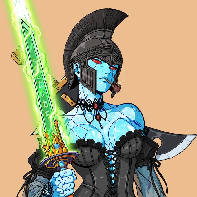 A fantasy illustration depicts a blue-skinned warrior woman in dark armor with a glowing green sword labeled 'VALKYRIE', smoking a pipe.