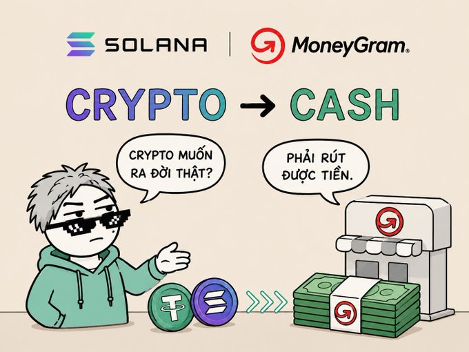 Promotional graphic for 'SOLANA x MoneyGram: CRYPTO -> CASH' featuring a cartoon character with sunglasses and text in Vietnamese about converting crypto to cash.