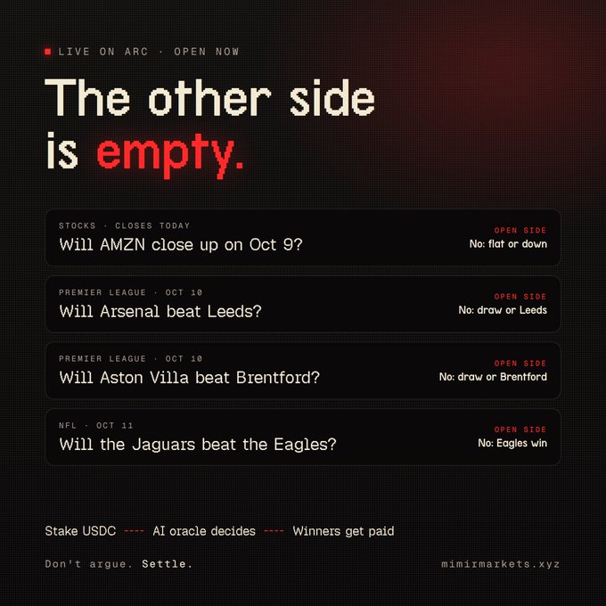 Promotional graphic for 'mimirmarkets.xyz' displaying prediction market questions including 'Will AMZN close up on Oct 9?', 'Will Arsenal beat Leeds?', 'Will Aston Villa beat Brentford?', and 'Will the Jaguars beat the Eagles?'