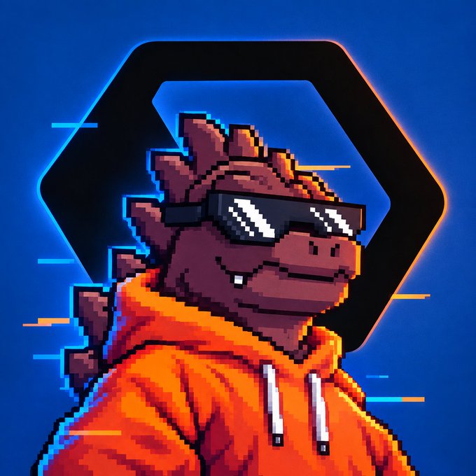 A pixel-art dinosaur in an orange hoodie and "deal with it" sunglasses winks confidently in front of a hexagonal logo, matching the post's hype for the @PRDCTR_IO prediction markets campaign.