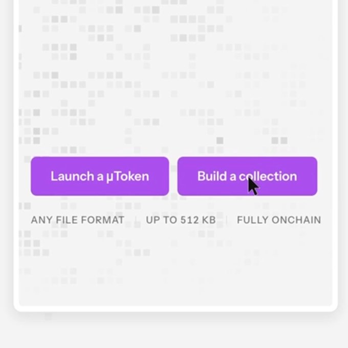 A user interface from uTokenPro displays two purple action buttons—"Launch a μToken" and "Build a collection"—with features listed below: "Any File Format | Up to 512 KB | Fully Onchain." The image illustrates the platform's token creation tools referenced in the post about $UPEG holders sharing in platform profits through μToken launches.