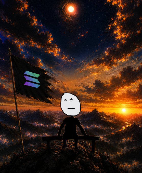 A cartoon figure with a stoic expression sits on a bench atop a mountain at sunset, beside a black tattered flag bearing the Solana (SOL) logo, symbolizing the "KIM" meme coin's self-proclaimed kingship on the Solana blockchain. The dramatic, cinematic landscape evokes a sense of lonely triumph, matching the post's defiant tone about $KIM's mission and its dismissal of critics.