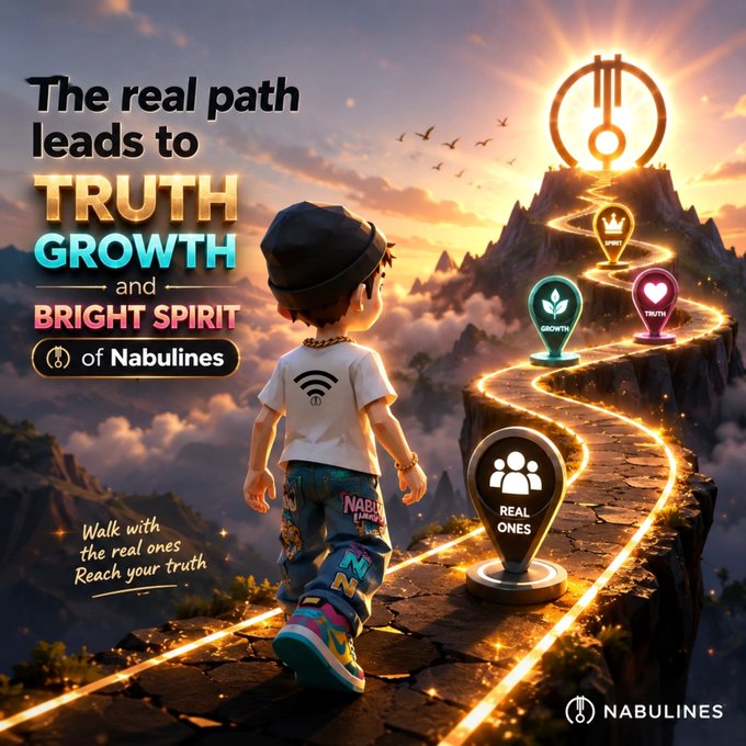 A child walks a glowing mountain path toward a radiant sun symbol, with milestone markers labeled "REAL ONES," "GROWTH," and "TRUTH," under the headline "The real path leads to TRUTH, GROWTH and BRIGHT SPIRIT of Nabulines," reinforcing the post's message that every journey finds purpose by moving alongside genuine people toward Nabulines.