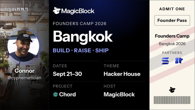 A promotional ticket for MagicBlock's Founders Camp 2026 in Bangkok, hosted by Connor (@cyphernetician), with theme 'Hacker House' and project Chord.