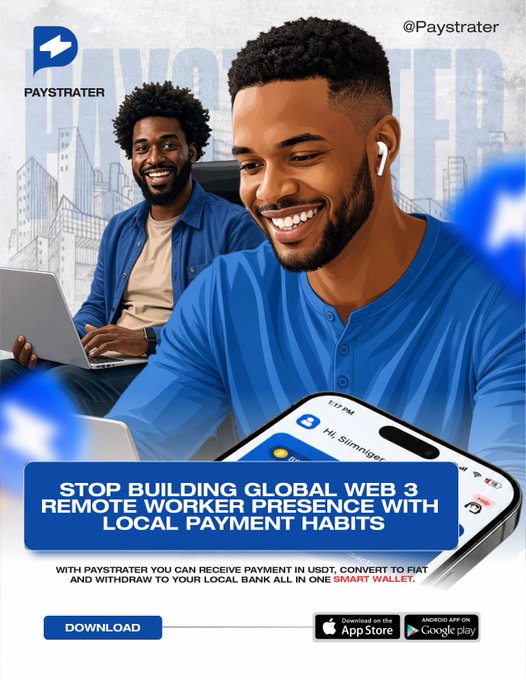 A Paystrater app advertisement featuring two smiling men, with the headline 'STOP BUILDING GLOBAL WEB 3 REMOTE WORKER PRESENCE WITH LOCAL PAYMENT HABITS' promoting their smart wallet service for USDT payments.