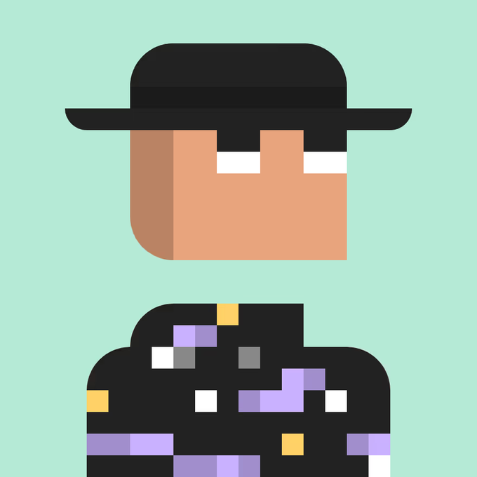 A pixel art character with a brown face, wearing a black wide-brimmed hat, against a light teal background, with a separate pixelated black, purple, and yellow sprite below.