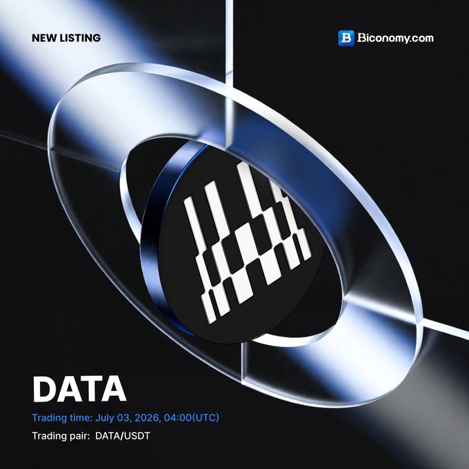 A promotional graphic announces 'NEW LISTING' for the DATA token on Biconomy.com, with trading scheduled for July 03, 2026 on the DATA/USDT pair.