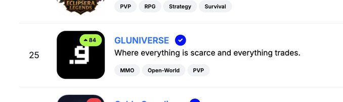 A mobile app listing showing 'GLUNIVERSE' ranked #84 in a category, described as 'Where everything is scarce and everything trades,' tagged as MMO, Open-World, and PVP.