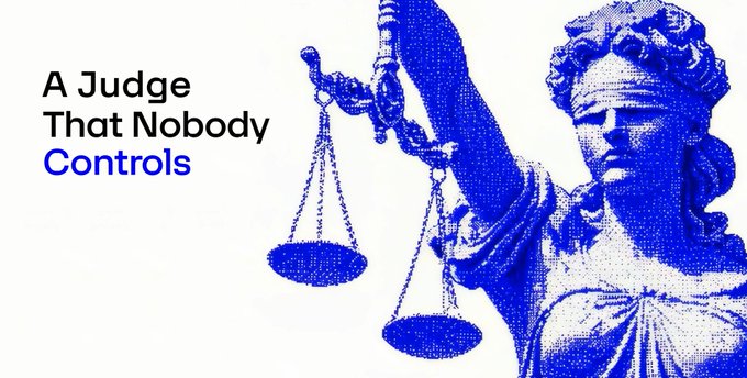 A graphic with blue halftone-style illustration of Lady Justice holding scales, with the text 'A Judge That Nobody Controls' on the left side.
