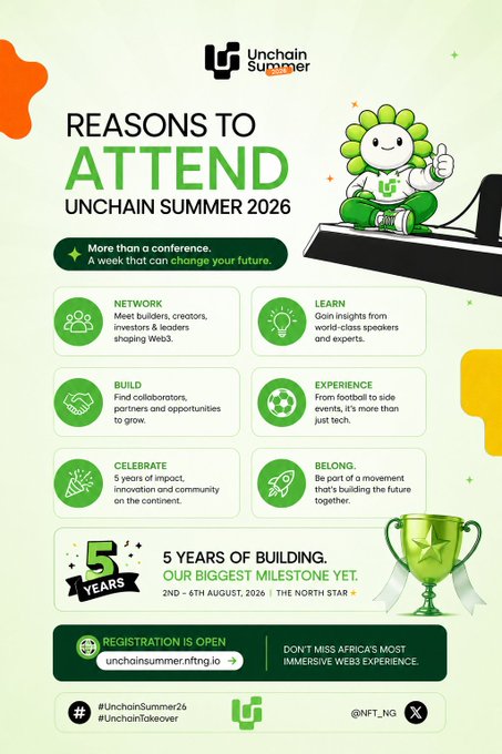 A promotional graphic for 'Unchain Summer 2026' event with the headline 'REASONS TO ATTEND' listing benefits like networking, learning, building, experiencing, celebrating, and belonging, featuring a green mascot character and registration details for the August 2026 event at The North Star.