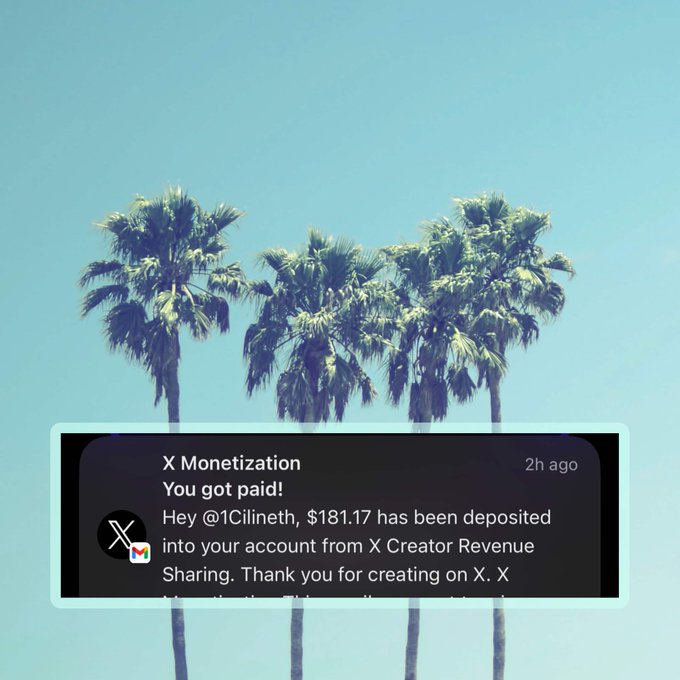 The image shows a message from an X-Mail client, which appears to be a text message or email. The main focus of the message is that someone has paid for something using their credit card. The message includes a link to a creator revenue page where users can create new accounts and make payments. The post also mentions that there are three palm trees in the image, suggesting it might have been taken at a beach location or near a palm tree-lined street.