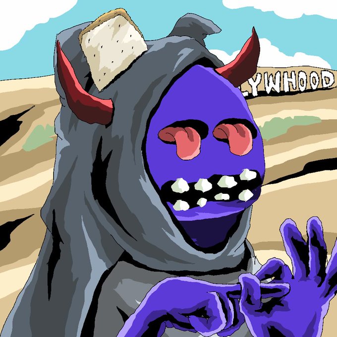 A digital illustration of a purple-faced character with horns wearing a dark hood, making an 'OK' hand gesture in front of a desert backdrop with the word 'HOLLYWOOD' visible.