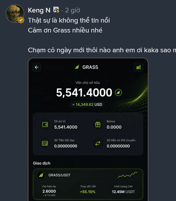 A social media post by user Keng N showing appreciation to Grass, with a screenshot of a GRASS token portfolio displaying 5,541.4000 tokens (≈14,349.62 USD) and a 24-hour price increase of +55.10%.