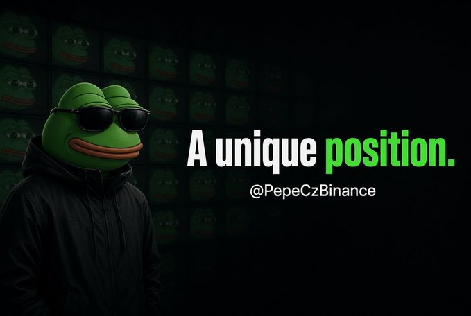 A promotional graphic for @PepeCzBinance showing a Pepe the Frog character wearing sunglasses and a black jacket, with the text 'A unique position.'