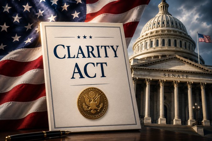 A document titled "CLARITY ACT" with a gold seal rests on a wooden surface in front of an American flag and the U.S. Capitol building (labeled "SENATE"), visually symbolizing the legislative push to pass the bill by August 7th. A pen lies beside the document, suggesting the signing or drafting of the proposed legislation.