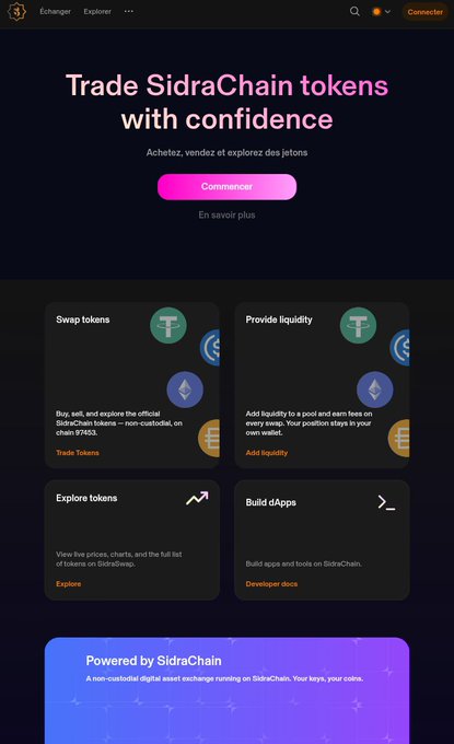 A promotional landing page for SidraChain DEX invites users to "Trade SidraChain tokens with confidence," featuring options to swap tokens, provide liquidity, explore tokens, and build dApps on a non-custodial digital asset exchange on SidraChain (chain #7453). The dark-themed interface highlights the platform's Web3 utilities and liquidity pools in advance of the $SDA launch, as teased in the accompanying post.
