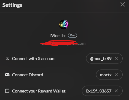 Settings menu for Moc Tx Pro showing X account (@moc_tx89), Discord (moctx), and reward wallet (0x15f...33657) connections.