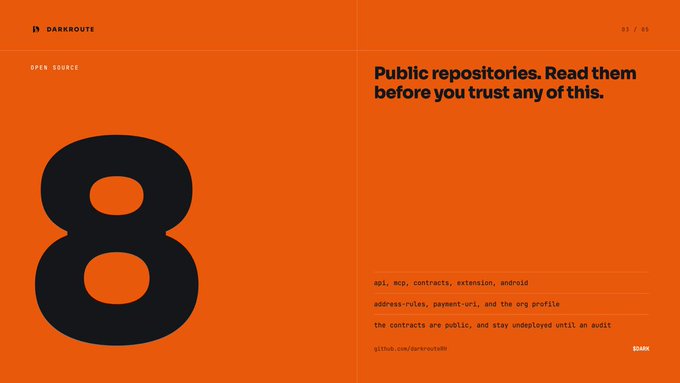 A web page section from DARKROUTE featuring a large black "8" on an orange background, with the heading "Public repositories. Read them before you trust any of this" and mentions of api, mcp, contracts, extension, android, address-rules, payment-url, and an org profile.