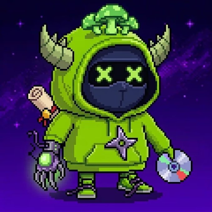 A pixel art character wearing a green alien hoodie with XX eyes, holding a staff and a disc, set against a purple starry background.