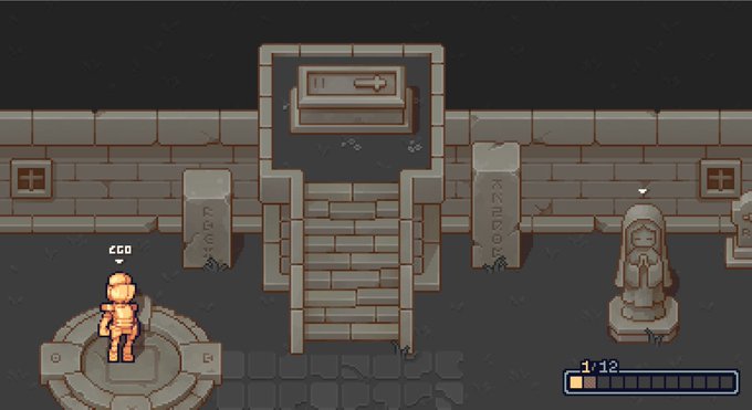 A pixel art video game scene shows a muscular character labeled 'EGO' standing in a dungeon-like area with stone walls, stairs leading to a closed door, and a hooded statue, with a 1/12 health indicator visible in the corner.