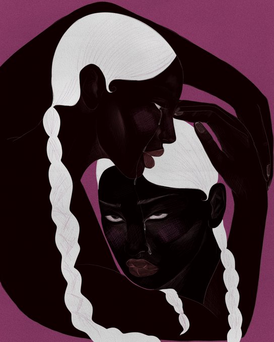 A striking illustrated portrait of two figures with long braided white hair against a deep magenta background, their intertwined poses echoing the intimate duality suggested by the NFT title "It's Only You and Me." The artwork's bold contrast and contemplative framing visually reinforce the piece's exploration of closeness and connection between two subjects.
