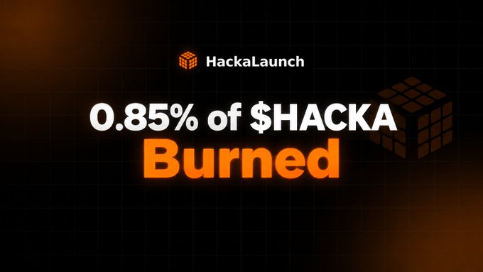 A dark graphic from HackaLaunch announces '0.85% of $HACKA Burned' in orange and white text.