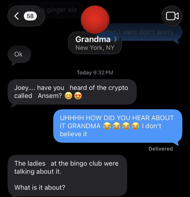 A text message exchange where "Grandma" from New York asks Joey if he's heard of the crypto "Ansem" after learning about it from the bingo club, to which Joey responds in disbelief at how she heard about it. The conversation humorously aligns with the post's shock about $ANSEM reaching mainstream awareness even among grandmothers.