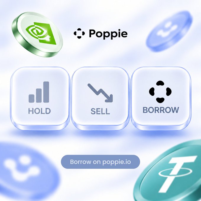 A promotional graphic for "Poppie" with HOLD, SELL, and BORROW buttons alongside floating cryptocurrency tokens.