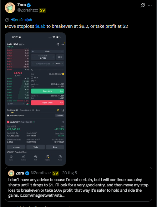 The image features a social media post by a user named "Zora" who has been assigned the role of a commentator about a trading app called LabSwear. In her analysis, she discusses how the app allows users to buy and sell stocks at various prices. The conversation seems to be centered around an incident where LabSwear had issues with the app not responding properly in a critical situation that led to significant losses for its users.