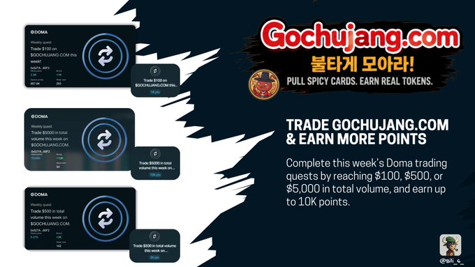 A promotional graphic for 'Gochujang.com' featuring instructions to 'PULL SPICY CARDS. EARN REAL TOKENS' and trade quests for points, with example trading cards shown.