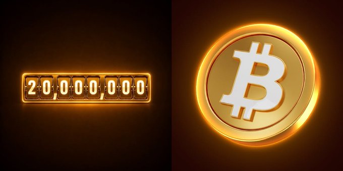 Two golden 3D graphics on a dark background: a counter displaying '20,000,000' on the left and a Bitcoin (₿) coin on the right.