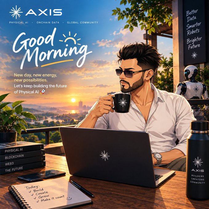 An anime-style 'Good Morning' promotional image for AXIS featuring a bearded man with sunglasses drinking coffee from a branded mug while working on a laptop, with a robot visible in the background.