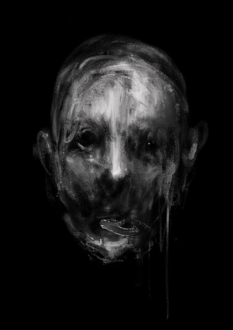 A haunting, monochromatic portrait of a face rendered in expressive charcoal-like strokes against a black background, with dripping effects below the mouth.