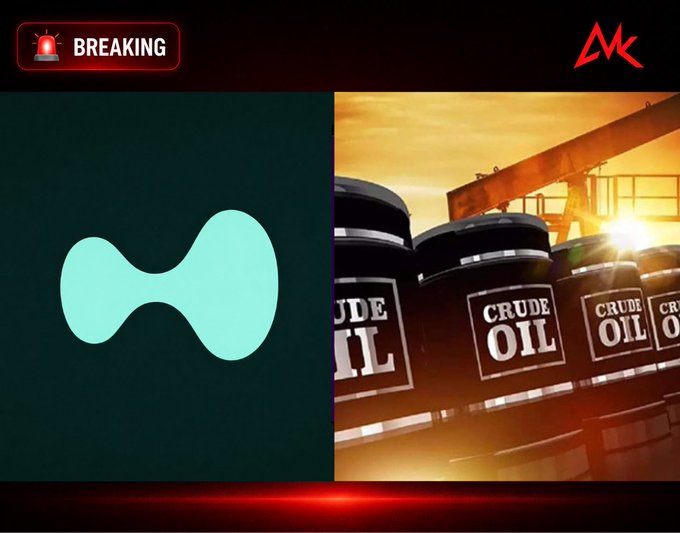 A breaking news graphic featuring a teal "hourglass" logo next to an image of "CRUDE OIL" barrels at sunset, with a red "BREAKING" alert banner and "MK" logo.