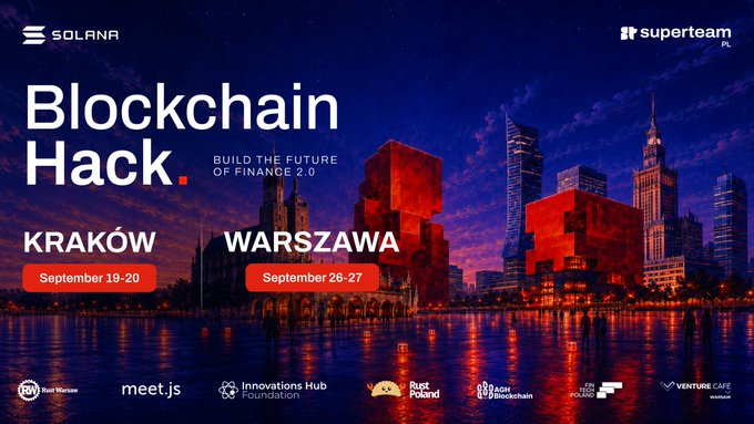 Promotional banner for 'Blockchain Hack' events hosted by Solana and Superteam, with dates listed for Kraków (September 19-20) and Warszawa (September 26-27), sponsored by various tech organizations.
