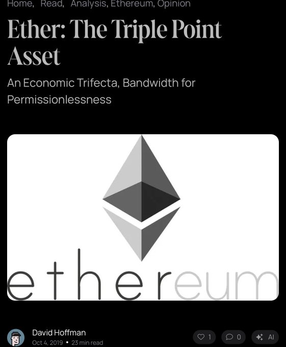 The image features an advertisement for Bitcoin, with a large black and white logo of a cryptocurrency symbol. The text above the logo reads "ETHER: The Triple Point Asset". Below this, there's a quote from David Hoffman about the importance of Ethereum in his blog post dated January 22nd, 2019.