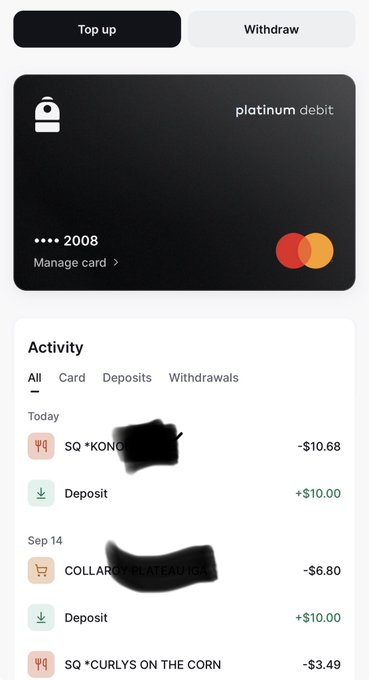 A mobile banking app screenshot showing a 'platinum debit' Mastercard ending in 2008, with an activity feed listing transactions including 'SQ *KONO' for -$10.68, deposits, 'COLLAR...PLATEAU ICE' for -$6.80, and 'SQ *CURLYS ON THE CORN' for -$3.49.