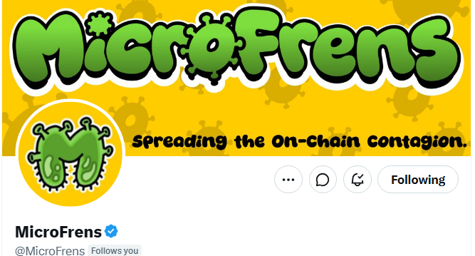 A Twitter/X profile header for 'MicroFrens' (@MicroFrens) with a yellow background, green graffiti-style logo, and the tagline 'Spreading the On-Chain Contagion,' showing the account follows the viewer.