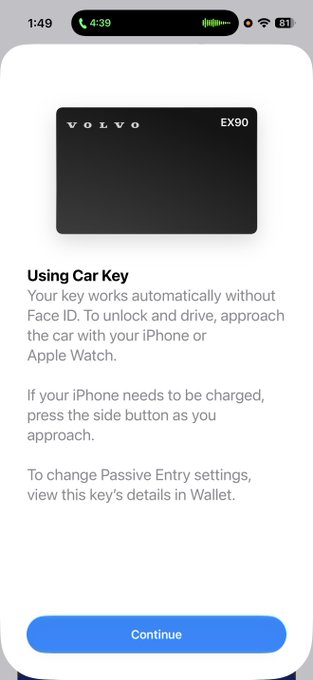 An iPhone screen showing a "Using Car Key" setup for a Volvo EX90, displaying instructions on Apple Wallet's passive entry feature. The image illustrates the post's point about digital wallet convenience, specifically showing how the digital car key works automatically with Face ID and the iPhone's side button, demonstrating its functionality even when the phone's battery is low.