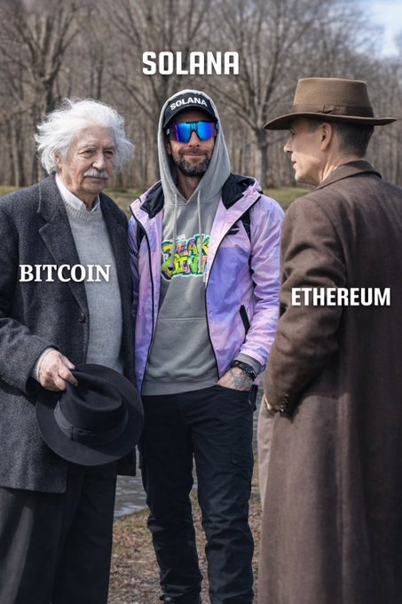 The image features three men standing next to each other, with one of them wearing a hat. They are all dressed in different styles, suggesting that they might be friends or acquaintances. The background includes trees, indicating an outdoor setting. The caption "Gm everyone $SOL" is written above the image, which could possibly be related to Bitcoin or another cryptocurrency-related topic.

The post also mentions Bitcoin and Etherium, which are likely related to the content of the image.