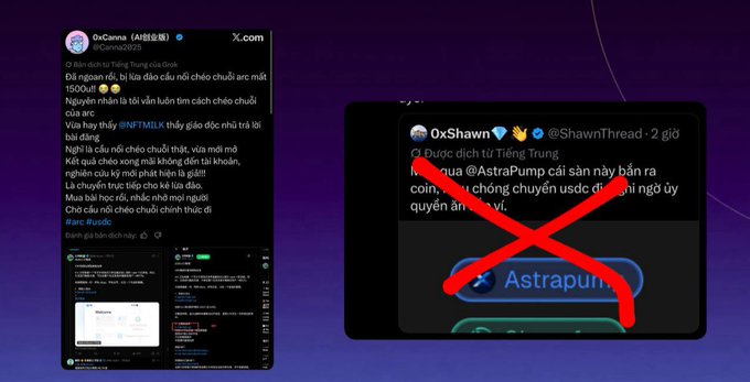 A graphic featuring two Vietnamese social media posts, one on the left from "OxCanna" and one on the right from "OxShawn" (with a large red X over it), discussing a project called "Astrapump".