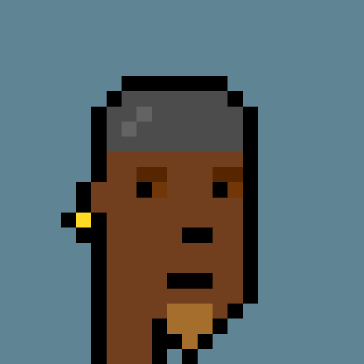 A pixel art portrait of a character with dark skin, a goatee, a grey cap, and a gold earring against a solid blue background.