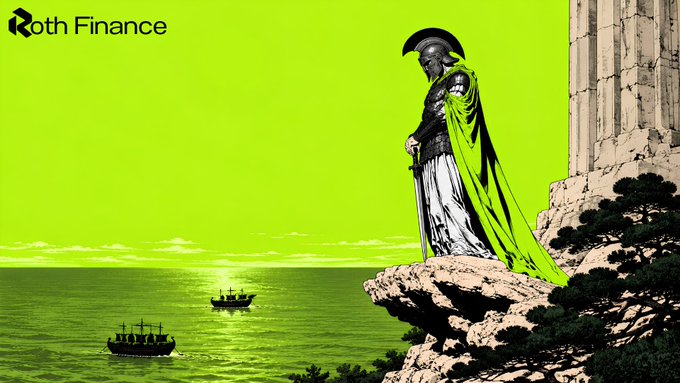 An illustration with a bright neon green sky showing a classical warrior statue draped in green beside ancient ships at sea, branded with 'Roth Finance'.