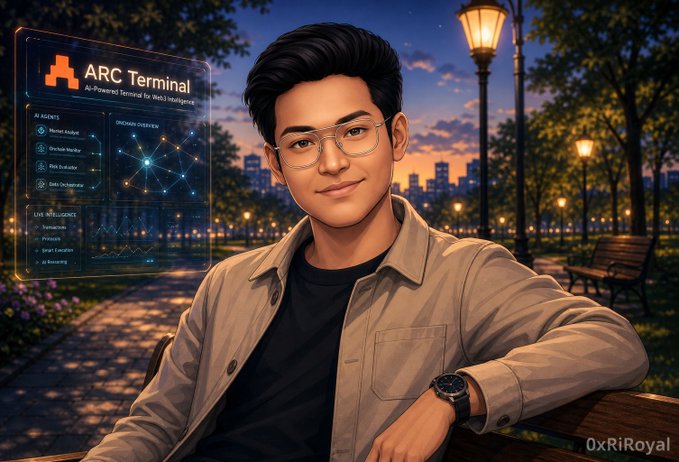 The image features a man sitting on a bench, wearing glasses and a jacket. He has his arms crossed over his chest while looking at the camera with a smile on his face. In the background, there are trees that add a natural element to the scene. The caption of the image reads "good day fam, why does private ai still sound fake in crypto? because most teams are really saying: trust us, we would never look". This statement is related to the man's facial expression and body language, suggesting that he might be trying to convey a sense of privacy or anonymity. The caption also mentions an Arc Terminal, which could potentially be a reference to the ARCTERMINAL logo in the image.