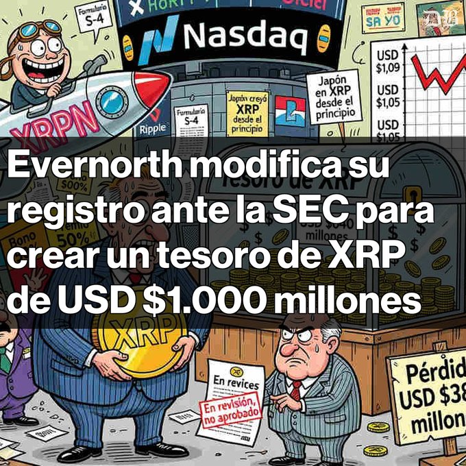 A Spanish-language crypto news graphic stating 'Evernorth modifica su registro ante la SEC para crear un tesoro de XRP de USD $1.000 millones' overlaid on a cartoon illustration of a Nasdaq building and XRP-related imagery.