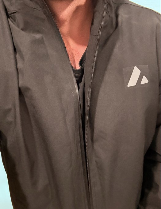 The image shows a close-up of a person wearing a black jacket with a white logo on the front, which appears to be an "A" symbol. The jacket has a zipper running down the center, and the person's neck is visible above their head. The background is blurred out, drawing attention to the person in focus.

The image also contains text that reads: "Stepping out in the $AVAX rain coat by @vanyapestana". This suggests that the person wearing the jacket might be a fan of the brand "A" or has purchased it from the company "AVAX", which is known for its high-quality and stylish clothing items.